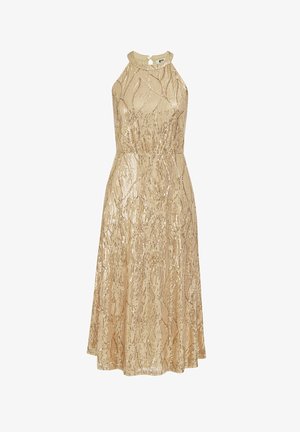 Midi haljina od zlatnih šljokica s halter izrezom, strukirana i s uzorkom zavojitih šljokica po cijeloj tkanini.
