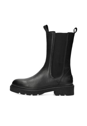 Stivaletto nero in pelle con pannelli laterali elastici, linguette anteriori e posteriori e suola in gomma robusta con profonde scanalature.