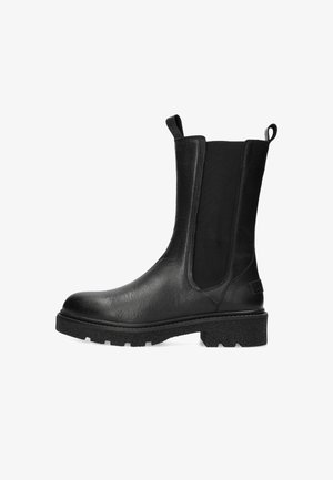 Stivaletto nero in pelle con pannelli laterali elastici, linguette anteriori e posteriori e suola in gomma robusta con profonde scanalature.