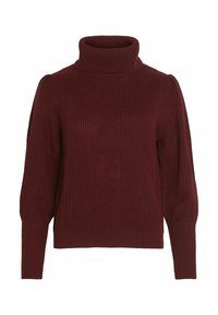 Pull en tricot bordeaux avec un col montant, texture côtelée, manches longues et détails froncés sur les épaules.