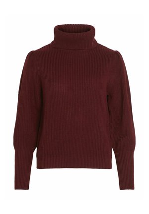 Suéter de punto burdeos con cuello alto, textura acanalada, mangas largas y detalles fruncidos en los hombros.