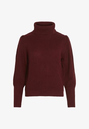 Sweater tricotado em bordeaux com colarinho alto, textura canelada, mangas longas e detalhes franzidos nos ombros.