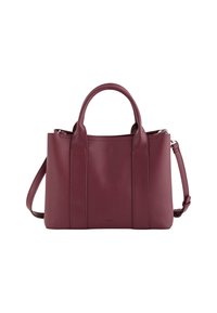 Bordeauxfarbene Lederhandtasche mit doppelten Obergriffen, abnehmbarem Schulterriemen, strukturiertem Design und textilier Oberfläche. Dezente Markenkennzeichnung an der Unterseite.