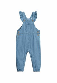 Lichte blauwe denim overall met gerimpelde schouderbanden, een borstzak, verstelbare knopen en elastische manchet aan de enkels voor een comfortabele pasvorm.