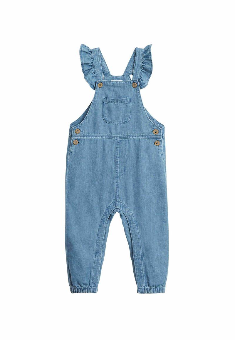 Lichte blauwe denim overall met gerimpelde schouderbanden, een borstzak, verstelbare knopen en elastische manchet aan de enkels voor een comfortabele pasvorm.