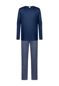 Marineblauw T-shirt met lange mouwen en een zak, gecombineerd met marineblauwe en witte gestreepte pyjamabroek. Gemaakt van katoen, met een ontspannen pasvorm en een gladde textuur.