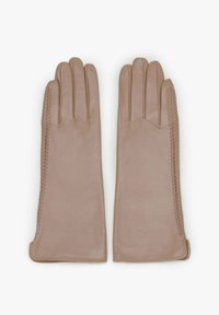 Beige leather gloves with a smooth texture, featuring a fitted design and decorative stitching along the edges. Five-finger style.