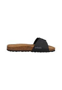 Sandalia deslizante negra con plantilla de corcho y suela de goma texturizada. Presenta una correa ancha con un detalle sutil del logo para la marca.