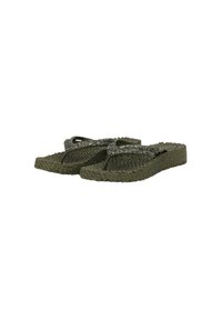 Groene flip-flops met een geweven textuur en glanzende metalen band. Heeft een vlakke zool en een minimalistisch ontwerp.