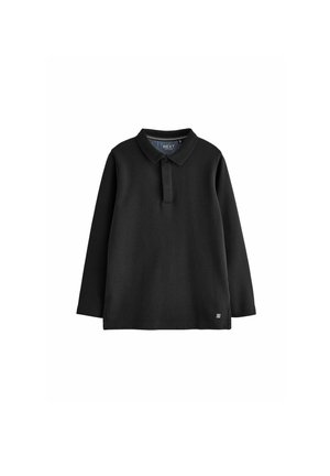 Czarna longsleeve polo z miękkiego materiału, z dwuprzyciskową listwą i teksturowanym kołnierzykiem. Mały detal z logo na dole.