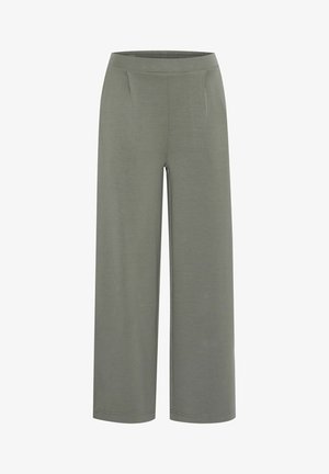 Platus kojos kelnės iš švelnaus alyvuogių žalios spalvos audinio. Turi lygų tekstūrą, elastingą juosmenį ir dvi priekinės kišenes. Paprastas dizainas.