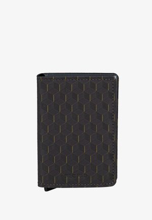 Schwarzes Portemonnaie mit sechseckigem Muster und gelben Akzenten. Verfügt über eine glatte Textur und genähte Kanten für Haltbarkeit. Kompakte rechteckige Form.