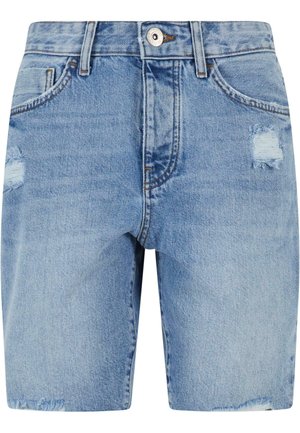 Light blue denim shorts with a frayed hem, featuring two front pockets and distressed details on the fabric. Classic five-pocket design.