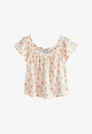 Kurzärmlige crèmefarbene Bluse mit orangefarbenem Kirschmuster und verstreutem schwarzem Kursivtext, quadratischem Ausschnitt und gerafften Details vorne.