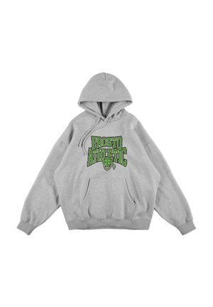 Szara bluza z kapturem wykonana z materiału bawełnianego. Posiada dużą zieloną nadruk "PROSTO ATHLETIC" z przodu oraz pojemną kieszeń kangurkę.