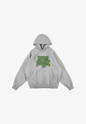 Szara bluza z kapturem wykonana z materiału bawełnianego. Posiada dużą zieloną nadruk "PROSTO ATHLETIC" z przodu oraz pojemną kieszeń kangurkę.