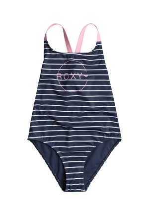 Navy ja valkoiset raidalliset ykköspala-uimapuku pinkeillä ristiin takaruuvilla ja ympyrän muotoinen logo, jossa on "ROXY" edessä. Sileä kangas.