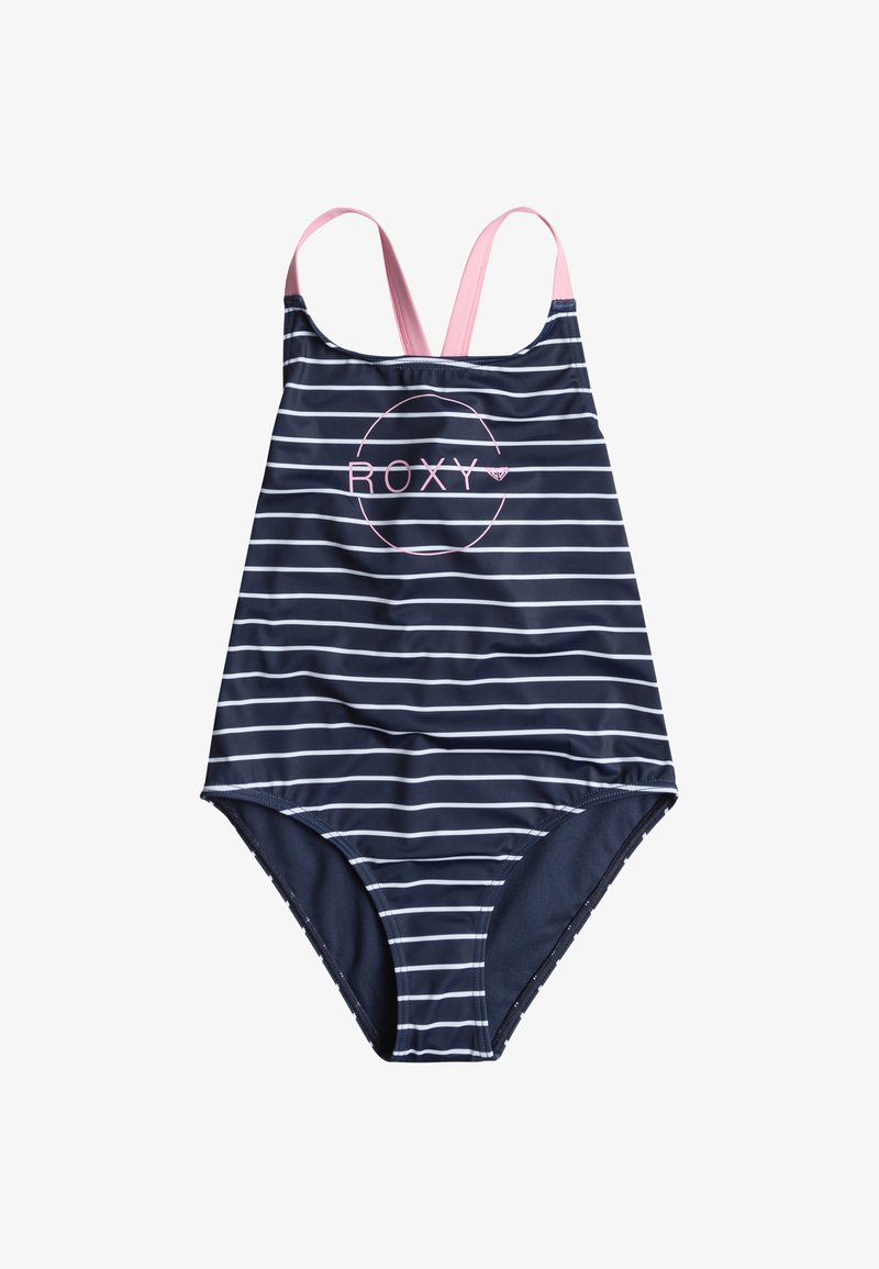 Navy ja valkoiset raidalliset ykköspala-uimapuku pinkeillä ristiin takaruuvilla ja ympyrän muotoinen logo, jossa on "ROXY" edessä. Sileä kangas.
