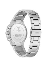 Stainless steel watch with a polished finish, featuring a round case and metal link bracelet. Engraved logo on the back, water-resistant.