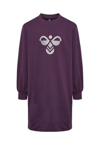 Lila sweatshirtklänning med långa, ballongärmar. Har en stor, metallisk silverlogotypdesign framtill och en rundad halsringning.