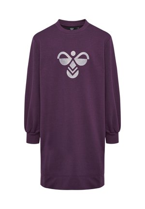 Lila Sweatkleid mit langen, ballonförmigen Ärmeln. Verfügt über ein großes, metallisches silbernes Logodesign auf der Vorderseite und einen runden Halsausschnitt.