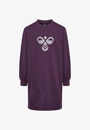 Paarse sweatshirt jurk met lange, ballonmouwen. Bevat een groot, metallic zilver logo ontwerp aan de voorkant en een ronde halslijn.
