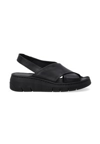 Schwarze Leder-Slingback-Sandalen mit einer klobigen schwarzen Sohle, offener Zehenpartie und Kreuzbanddesign im Obermaterial. Sie verfügen über eine glatte Textur und minimale Nahtverarbeitung.