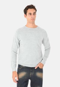 Maglione a maglia grigio chiaro con collo rotondo e polsini a coste, abbinato a jeans scuri con aree sbiadite. Design semplice e classico.