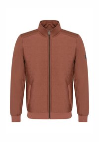 Moška zip-up jakna iz rdečkasto-rjave tkanine. Ima visok ovratnik, teksturni vzorec v enaki barvi, stranske žepe in rebraste manšete.