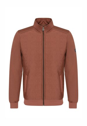 Vīriešu zipsvārki sarkanīgi brūnā audumā. Iezīmē augstu apkakli, tonalitātē toņos rakstu, sānu kabatas un ribotās aproces.