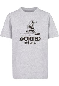 Gray cotton t-shirt featuring a black graphic of a wizard hat and the word “SORTED” with four small silhouettes below. Short sleeves, standard fit.