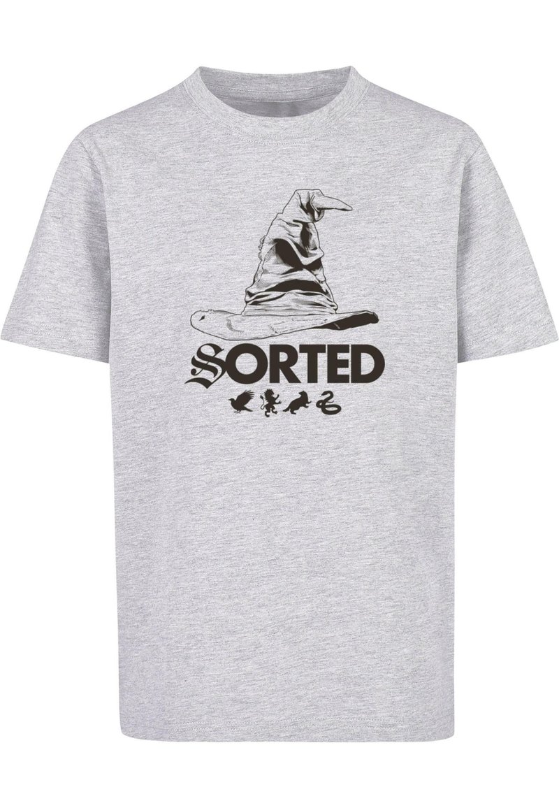 Gray cotton t-shirt featuring a black graphic of a wizard hat and the word “SORTED” with four small silhouettes below. Short sleeves, standard fit.