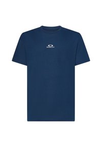 Navy blue cotton T-shirt with short sleeves and a crew neck; features a white "Oakley" logo on the chest. Soft texture, standard fit.