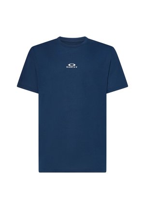 T-shirt en coton bleu marine à manches courtes et col rond ; arbore un logo "Oakley" blanc sur la poitrine. Texture douce, coupe standard.