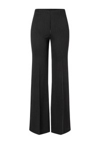 Zwarte wijde broek met verticale witte strepen, met een rekbare tailleband en een gladde stoftextuur. Uitlopende pasvorm voor een comfortabele fit.