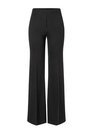 Zwarte wijde broek met verticale witte strepen, met een rekbare tailleband en een gladde stoftextuur. Uitlopende pasvorm voor een comfortabele fit.