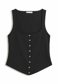 Débardeur noir sans manches au design ajusté, avec un col rond et une rangée de boutons pression en argent sur le devant. Tissu doux.