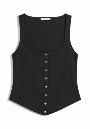Schwarzes ärmelloses Tanktop in taillierter Passform, mit rundem Halsausschnitt und einer Reihe silberner Druckknöpfe vorne. Weicher Stoff.