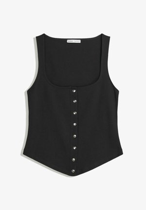 Svart ärmlös linne i en figurnära design, med en rundad halsringning och en rad av silverfärgade tryckknappar fram. Mjuk tyg.