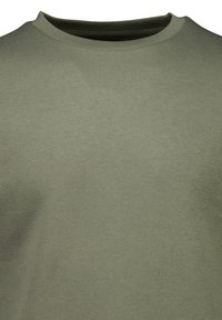 T-shirt w kolorze oliwkowym wykonany z bawełny, z okrągłym dekoltem i miękką, gładką fakturą. Posiada standardowy krój oraz ściągacz przy dekolcie dla zwiększonej trwałości.