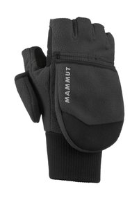 Black fleece fingerless gloves with a zip pocket, ribbed cuff, and logo. Soft texture and ergonomic design for warmth and dexterity.