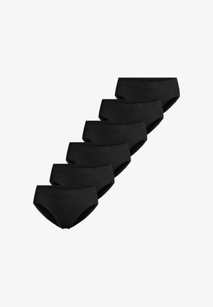 Seks sorte bomuldsunderbukser arrangeret diagonalt på en hvid baggrund, der viser forfra med elastiske linninger.