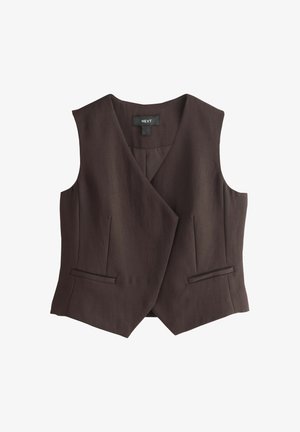 Mørkebrun ærmeløs skræddersyet vest med krydsende front og to små indsyede lommer ved taljen.