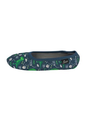 Blauer und grüner Baumwoll-Schlupfschuh mit einem verspielten Dinosaurier- und Baseball-Motiv, runder Zehenpartie und elastischem Bund für zusätzlichen Komfort.