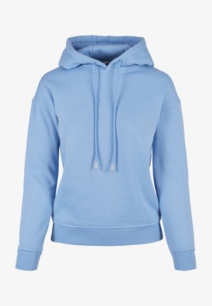 Gaiši zils kapuce, kas izgatavota no mīksta auduma, piedāvā kapuci ar aukliņu, ribotu piedurkņu un apakšmales, ar brīvu piegriezumu un minimālu dekorējumu.