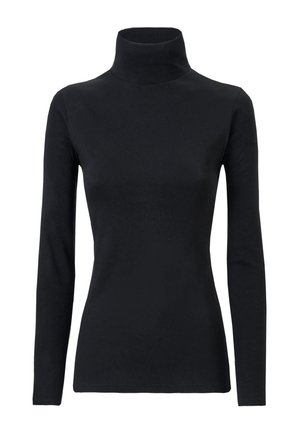 Maglia a maniche lunghe nera con collo alto, realizzata in un tessuto liscio ed elastico. Presenta una silhouette aderente e un colletto a coste alto.