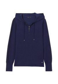Marineblaue Kapuzenjacke mit langen Ärmeln, Frontreißverschluss und Kordelzügen. Verfügt über ein strukturiertes Seitenpaneel und ein kleines Logo am Saum.