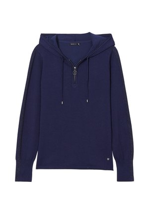 Felpa con cappuccio blu navy, maniche lunghe, zip frontale e lacci. Presenta un pannello laterale testurizzato e un piccolo logo sull'orlo.