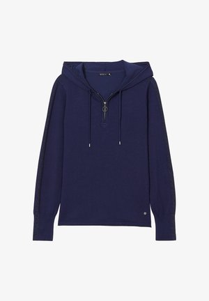 Felpa con cappuccio blu navy, maniche lunghe, zip frontale e lacci. Presenta un pannello laterale testurizzato e un piccolo logo sull'orlo.