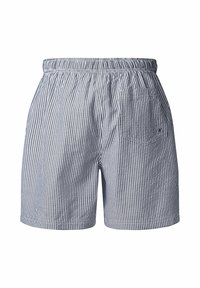 Csíkos kék és fehér shorts elasztikus derékkal, oldalsó zsebekkel és egy hátsó zsebbel. Pamut anyagból készült, laza stílusban.